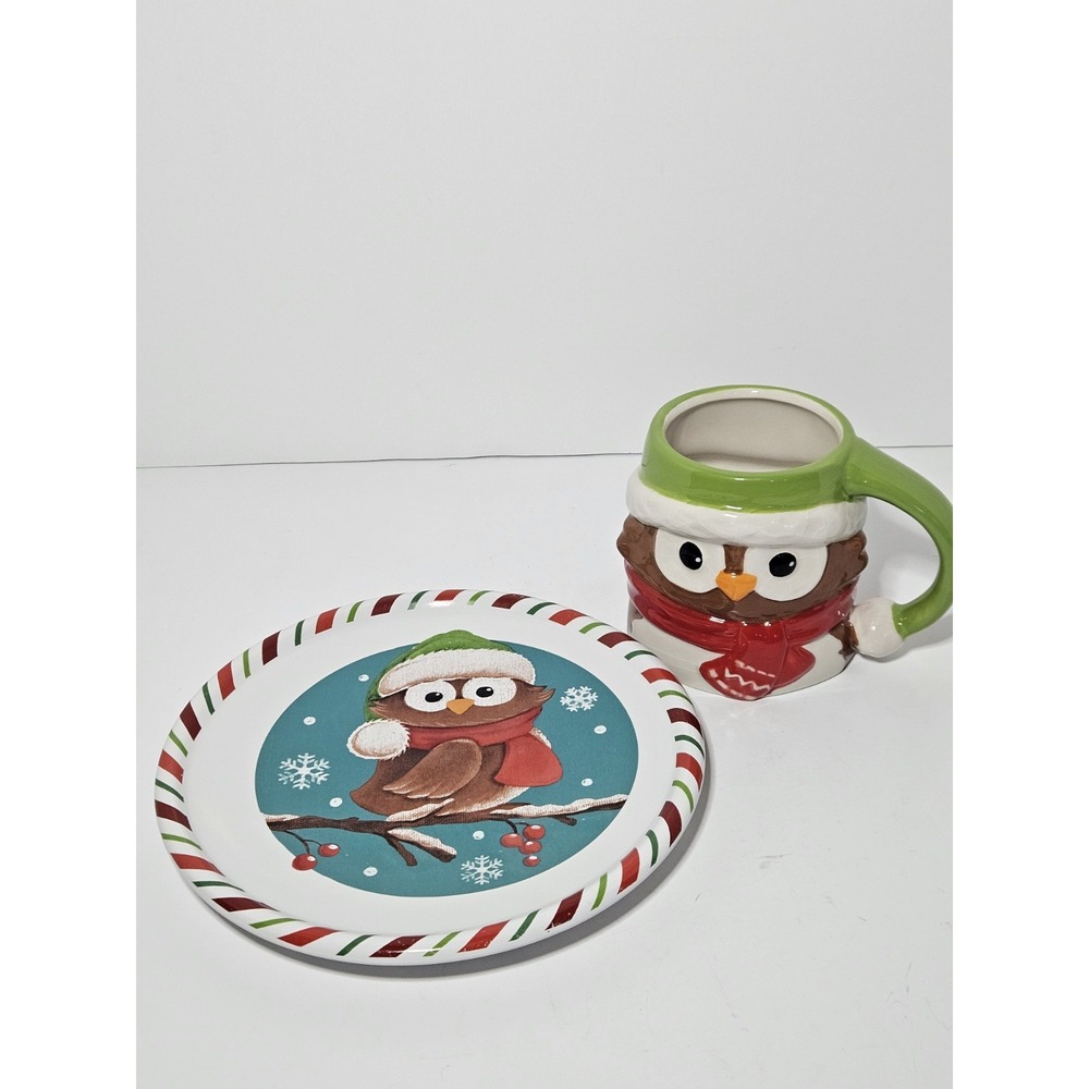 Christmas Owl Ceramic Mug and Dessert Plate Set Candy Cane Border Holiday Time